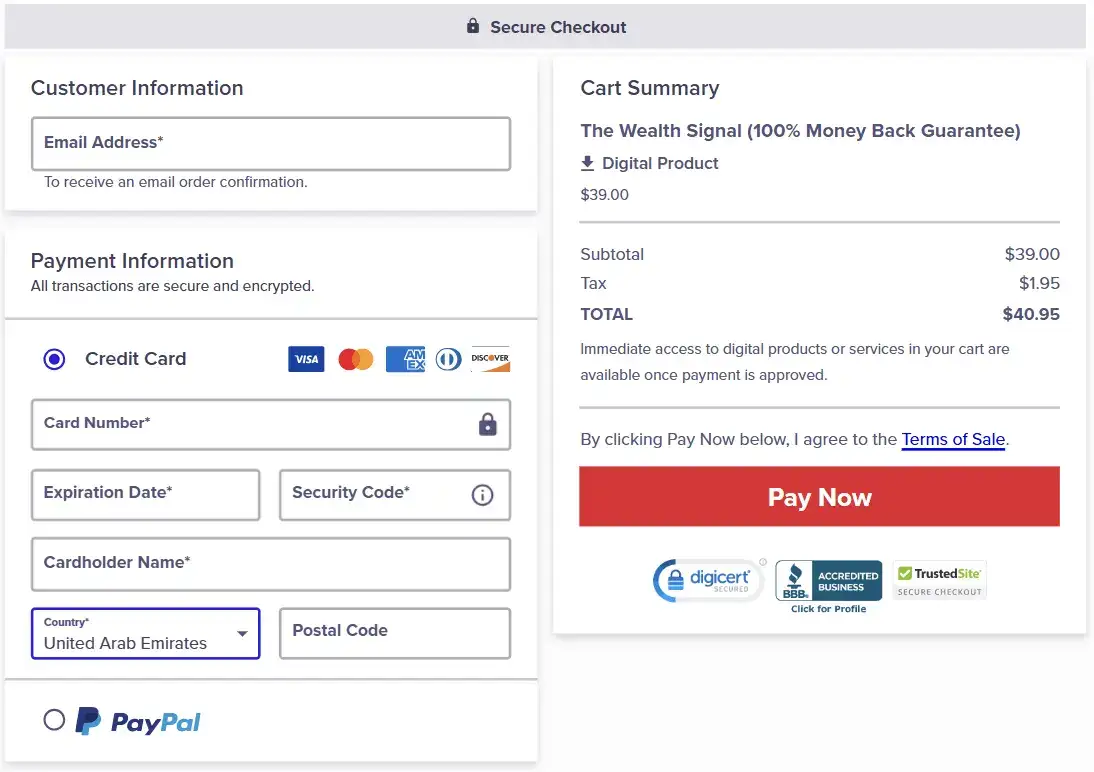 The Wealth Signal secure checkout page showing payment options credit card and PayPal with order summary